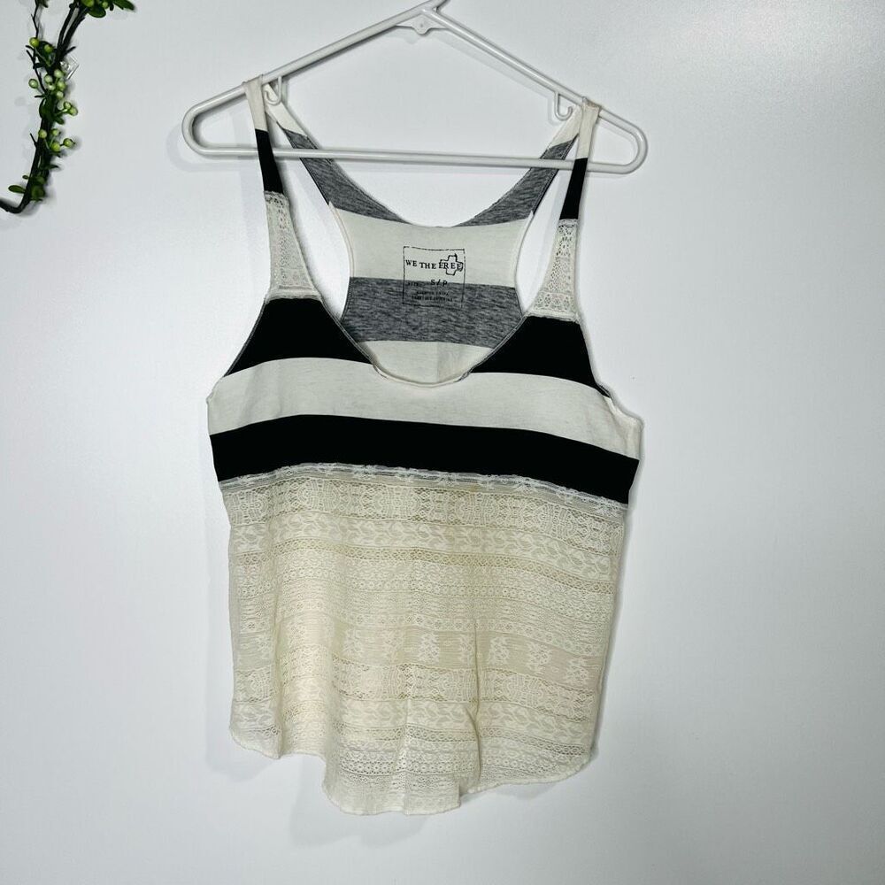 We The Free Women's White Black Striped Racerback Lace Tank Size Small